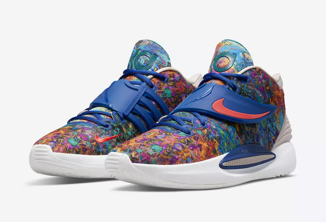 Nike KD 14 részletesen, pszichedelikus mintával