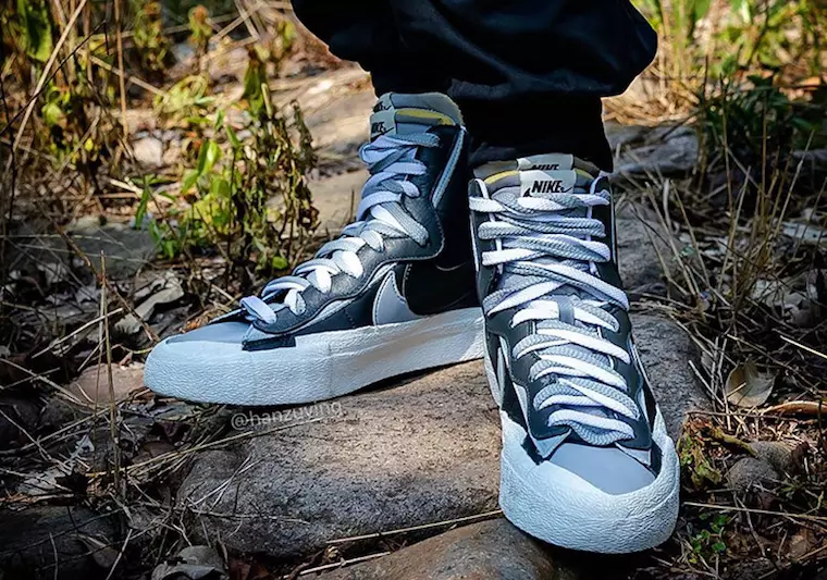 Sacai Nike Blazer Mid Zwart Grijs Wit BV0062-002 Releasedatum Op Voeten