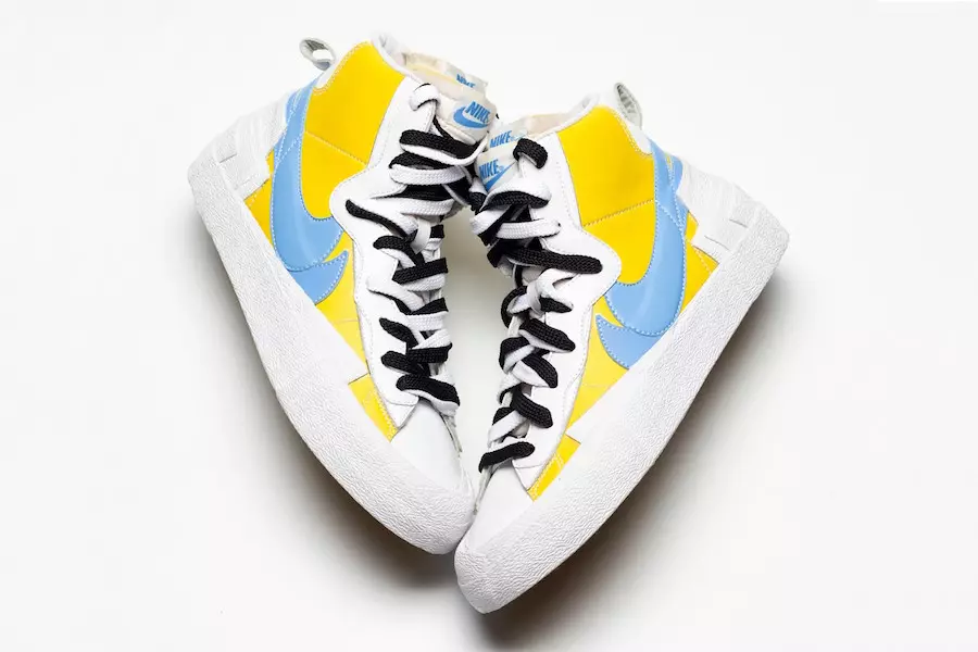 Detaillierter Blick auf den Sacai x Nike Blazer in Gelb und Babyblau