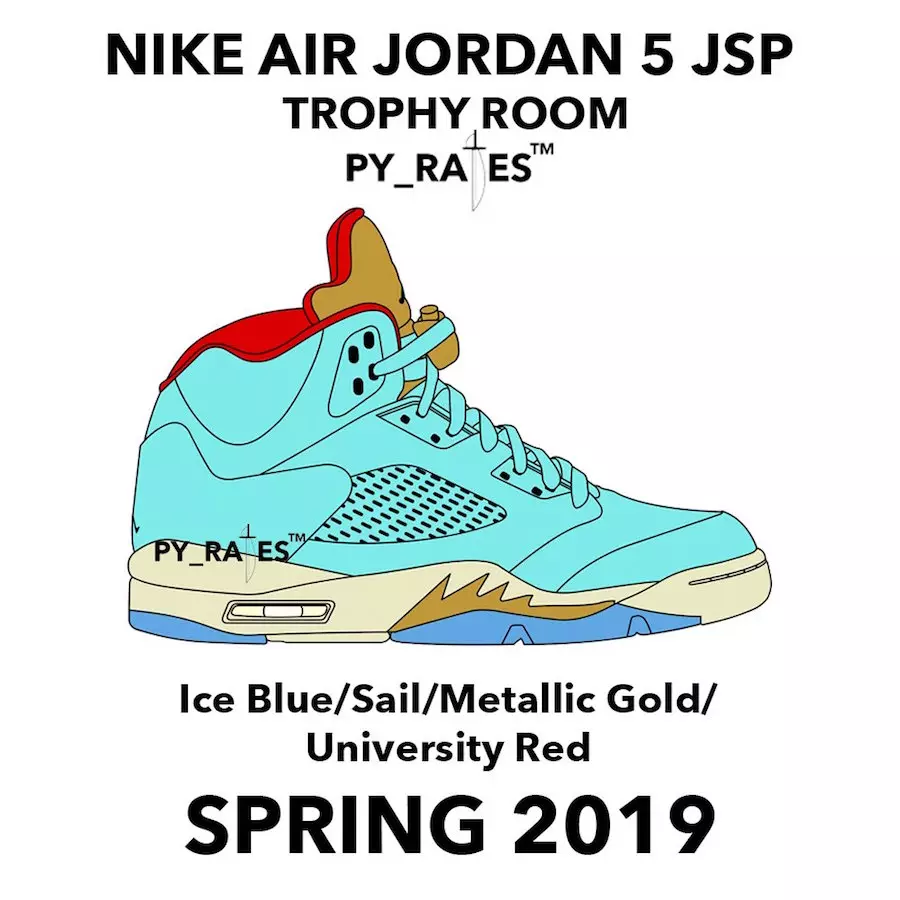 Трофейна стая Air Jordan 5 JSP Ice Blue Sail Metallic Gold University Red