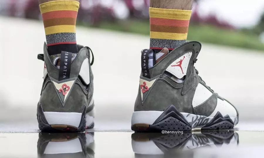 Patta Air Jordan 7 Icicle Sequoia River Rock Ligth Crimson AT3375-100 გამოშვების თარიღი ფეხით ქუსლზე