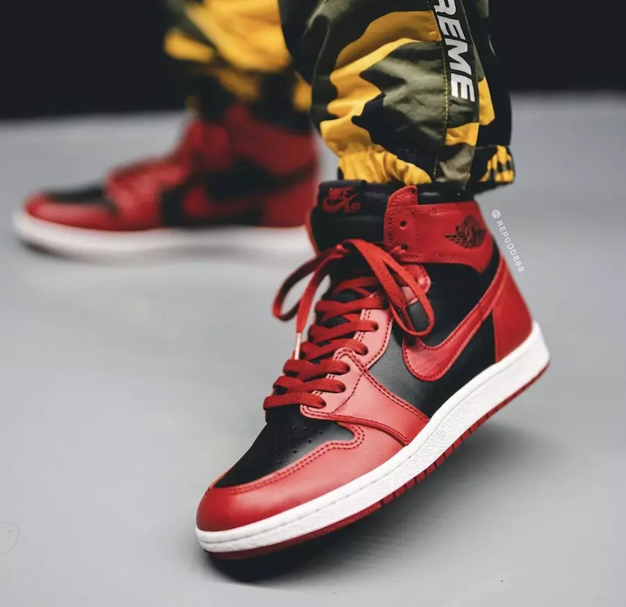 Air Jordan 1 Hi 85 Varsity Red Reverse Bred BQ4422-600 väljalaskekuupäev jalgadel