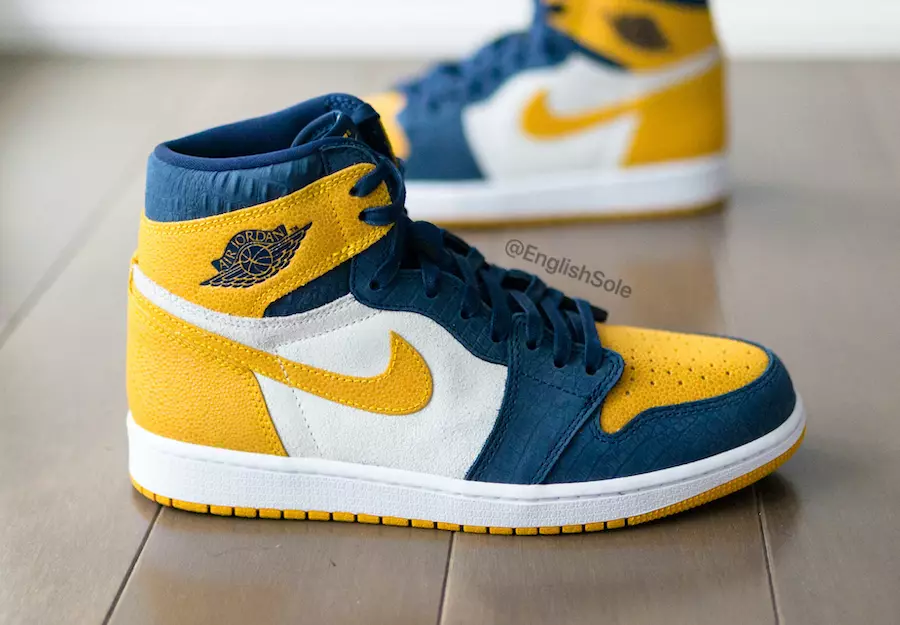 Vista detallada de las exóticas Air Jordan 1 High OG PE de Michigan