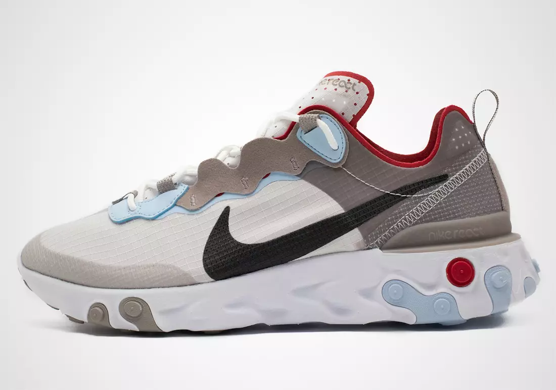 Nike React Element 55 ကို အပြာနုရောင်နှင့် အနီရောင်တို့ဖြင့် အသားပေးထားသည်။