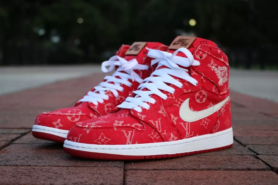 Air Jordan 1 Custom Covered in the Red Supreme x Louis Vuitton Baseball Jersey Print