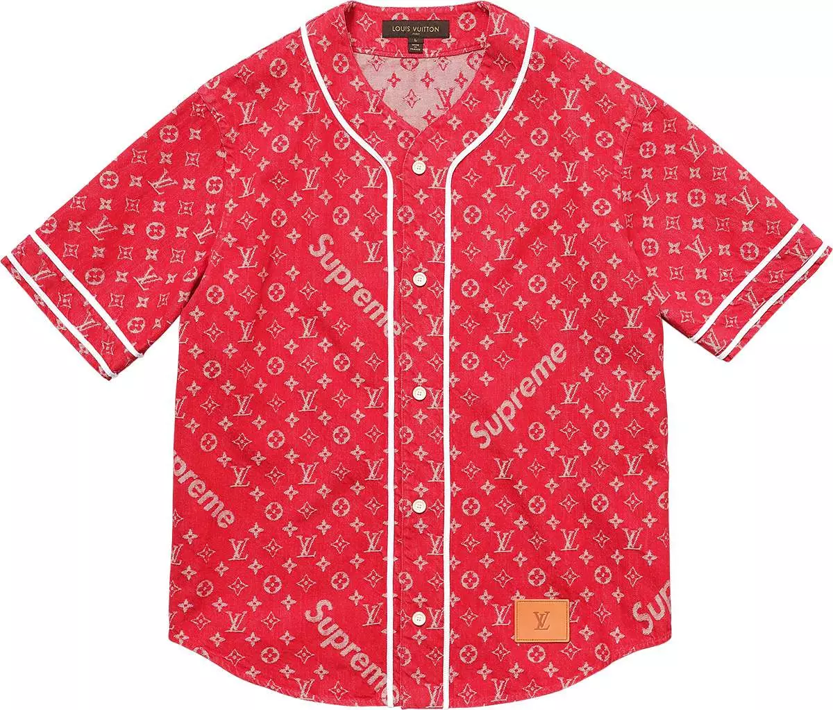 Maglia da baseball in denim rosso supremo di Louis Vuitton