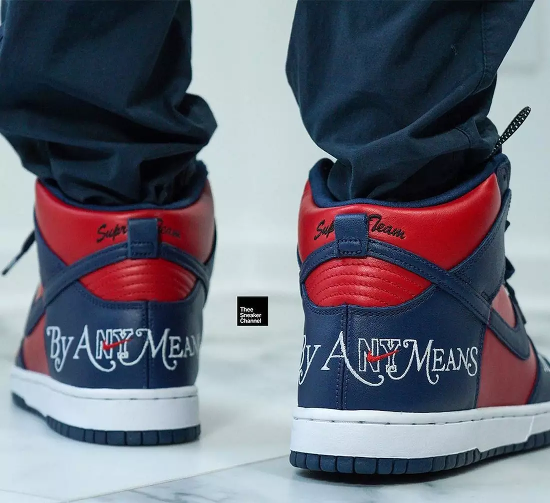 Supreme Nike SB Dunk High By any Means Red Navy On-Feet