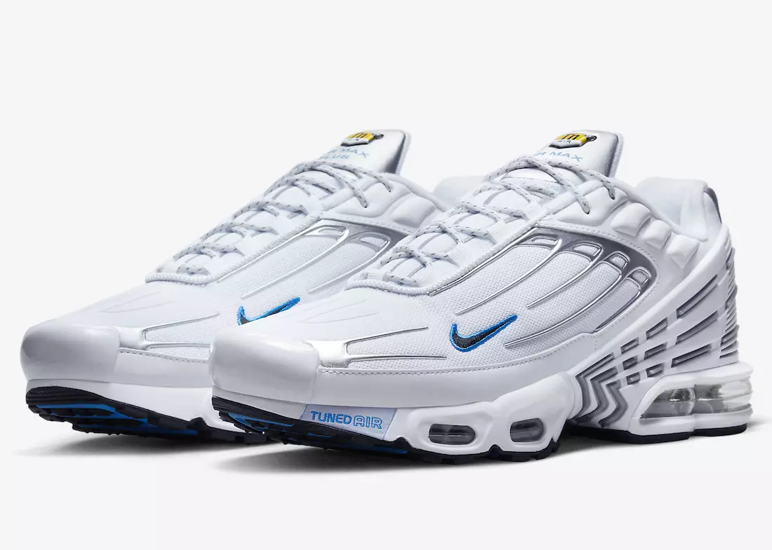 Nike Air Max Plus 3 Dromchlaí i mBán, Airgid agus Gorm