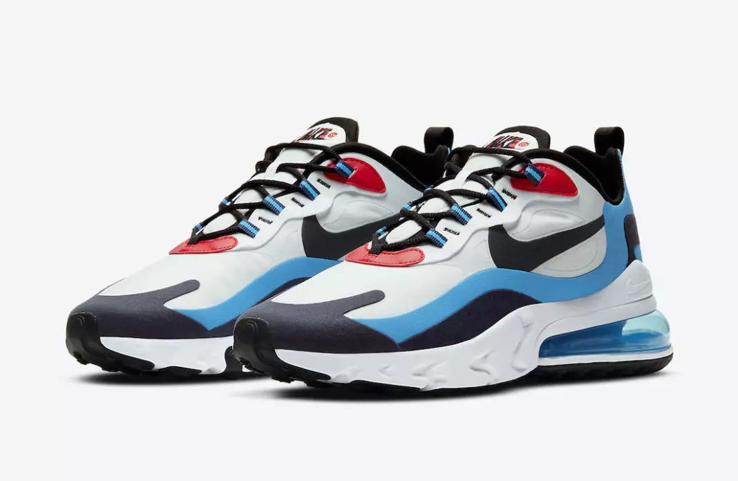 Nike Air Max 270 React အဖြူရောင် ဓာတ်ပုံ အပြာရောင် တက္ကသိုလ် အနီရောင် DA2400-100 ထုတ်ဝေသည့် ရက်စွဲ