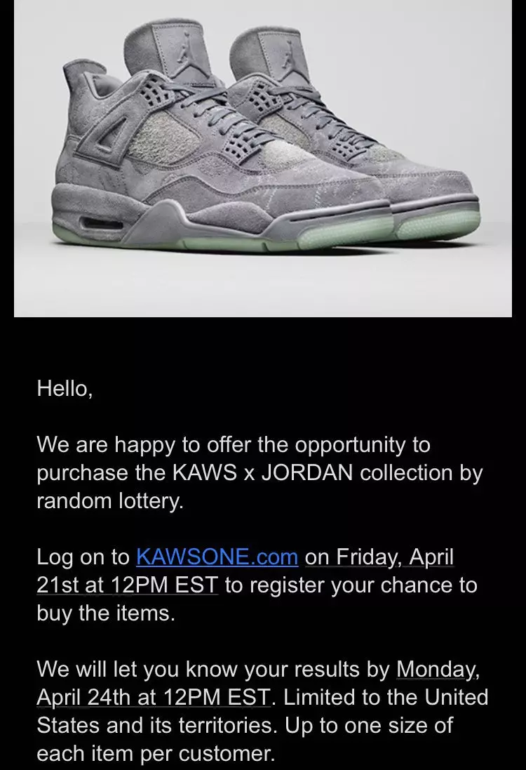 KAWS Air Jordan 4 izdanje internetske lutrije