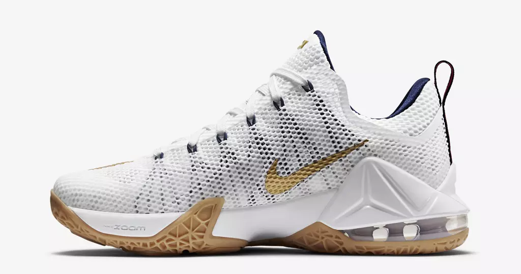 Nike LeBron 12 XII Low USA Blanc Métallique Or Minuit Marine Université Rouge