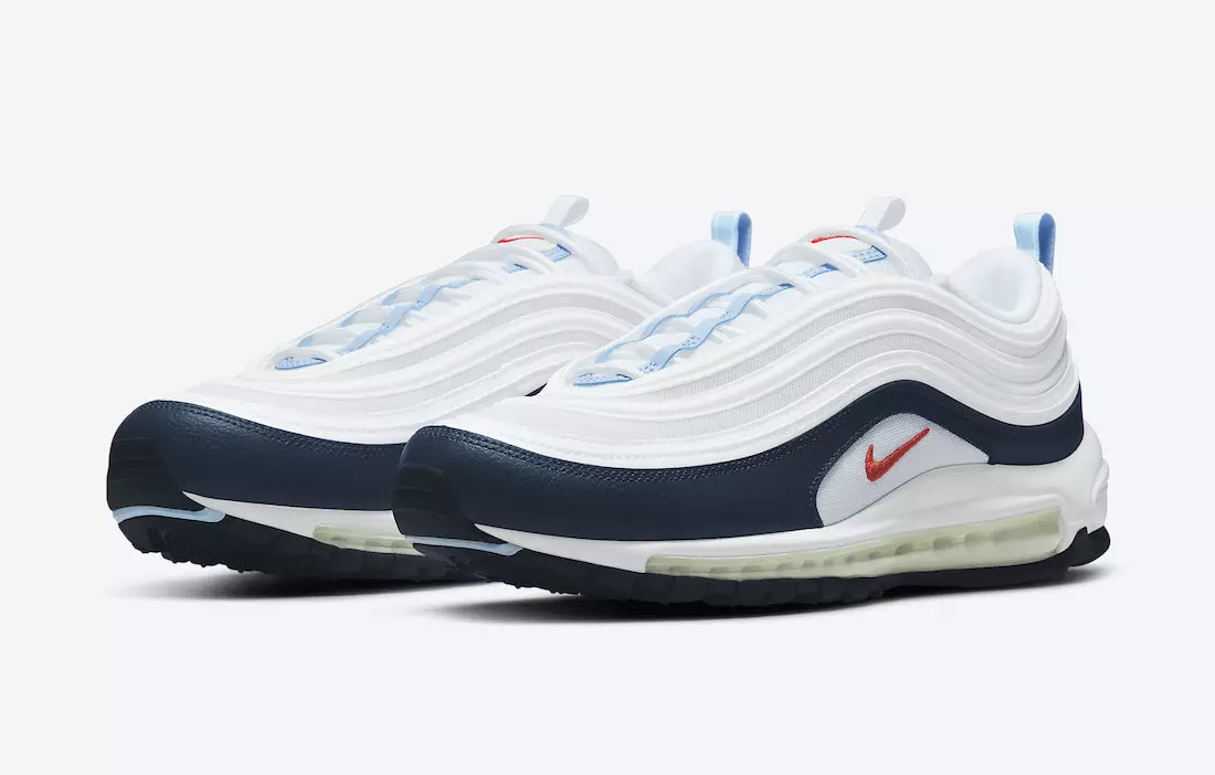 Површини на Nike Air Max 97 во бела и морнарица со црвени облоги