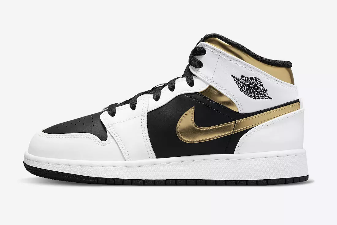 Kids Air Jordan 1 Mid Lançamento em Elegante Branco, Preto e Dourado