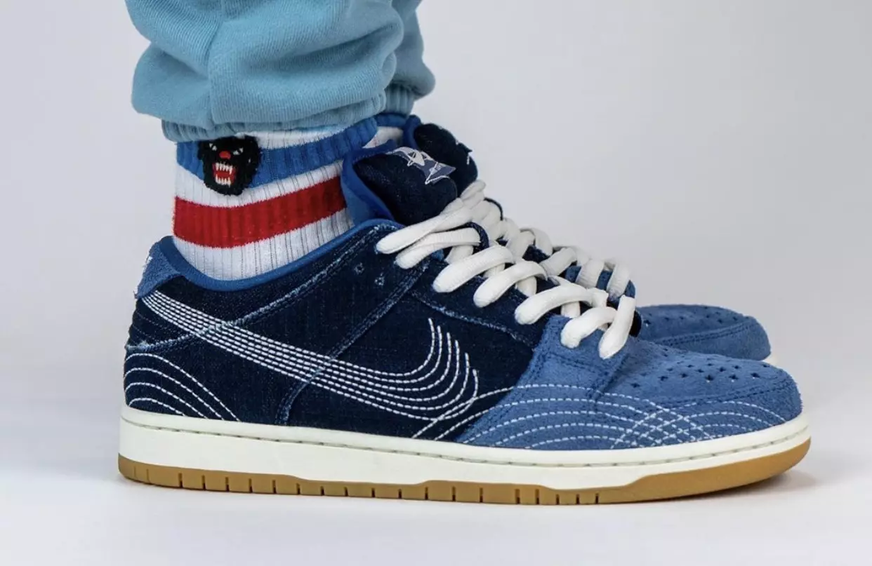 Nike SB Dunk Low Sashiko Denim Gum CV0316-400 תאריך שחרור 2020 על הרגליים