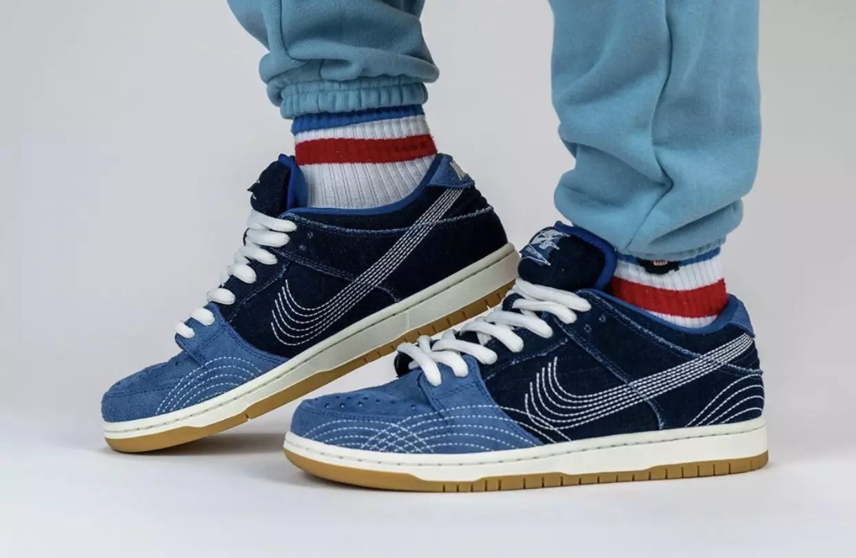 Nike SB Dunk Low Sashiko Denim Gum CV0316-400 תאריך שחרור 2020 על הרגליים