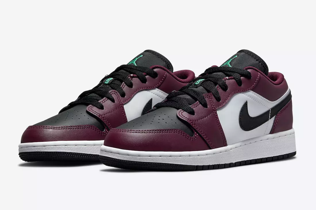 Các bề mặt của Air Jordan 1 Low SE GS màu Dark Beetroot và Roma Green