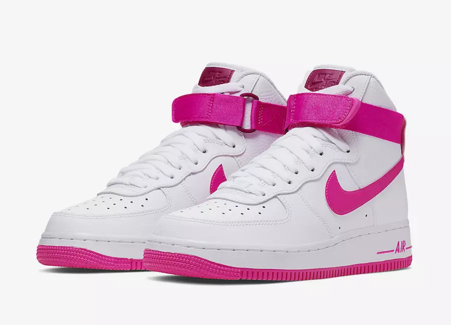 Nike Air Force 1 kõrge vabastamine valges ja laserfuksia värvides