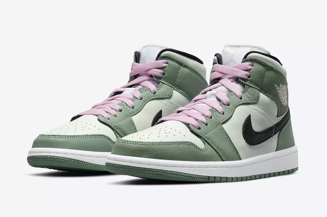 Air Jordan 1 középső felületek hollandzöld színben, rózsaszín fűzőkkel