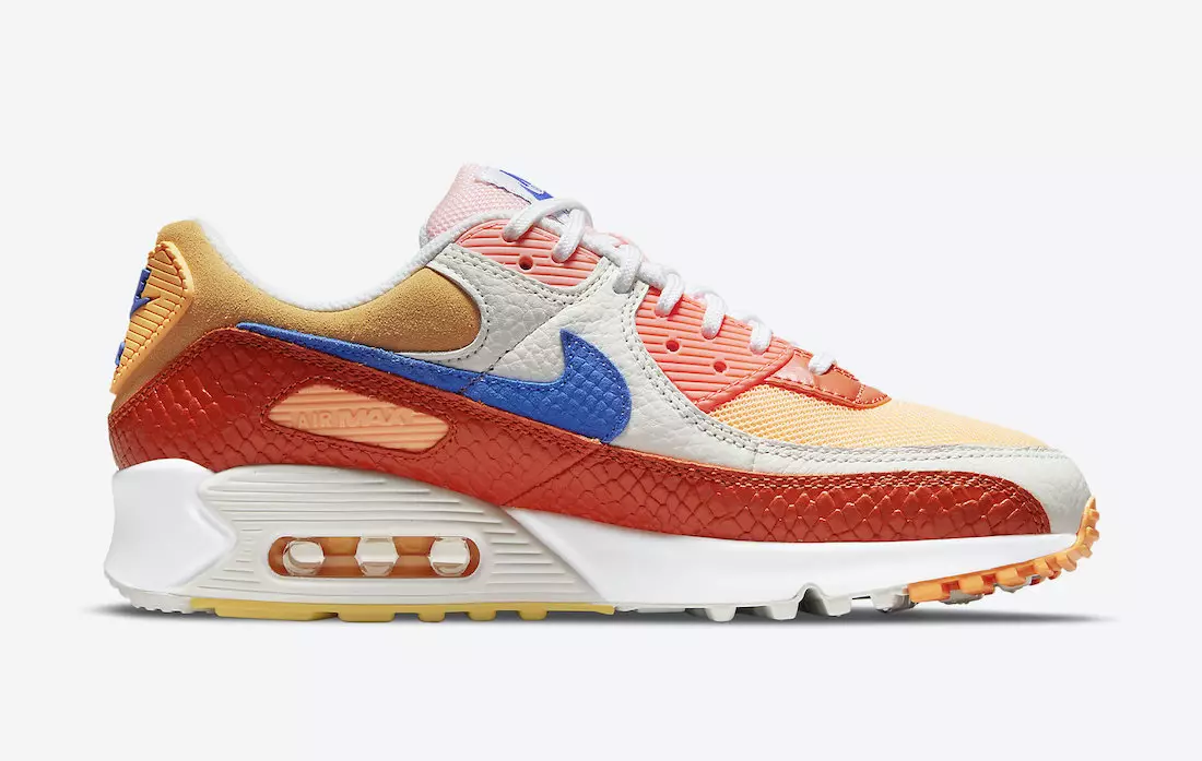 Nike Air Max 90 Kígyóbőr Campfire Orange Racer Blue Sail DJ8517-800 Megjelenés dátuma