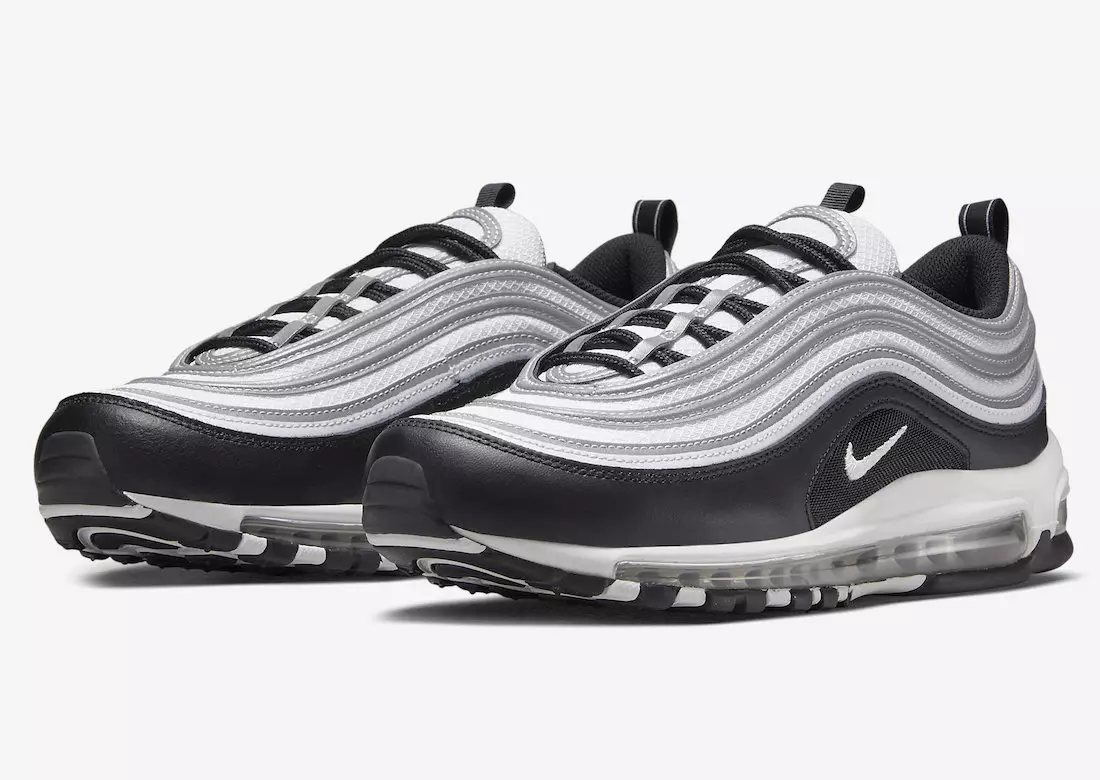 Nike Air Max 97 သည် အဖြူရောင်၊ အနက်ရောင်နှင့် ငွေရောင်တို့ဖြင့် မျက်နှာပြင်များ