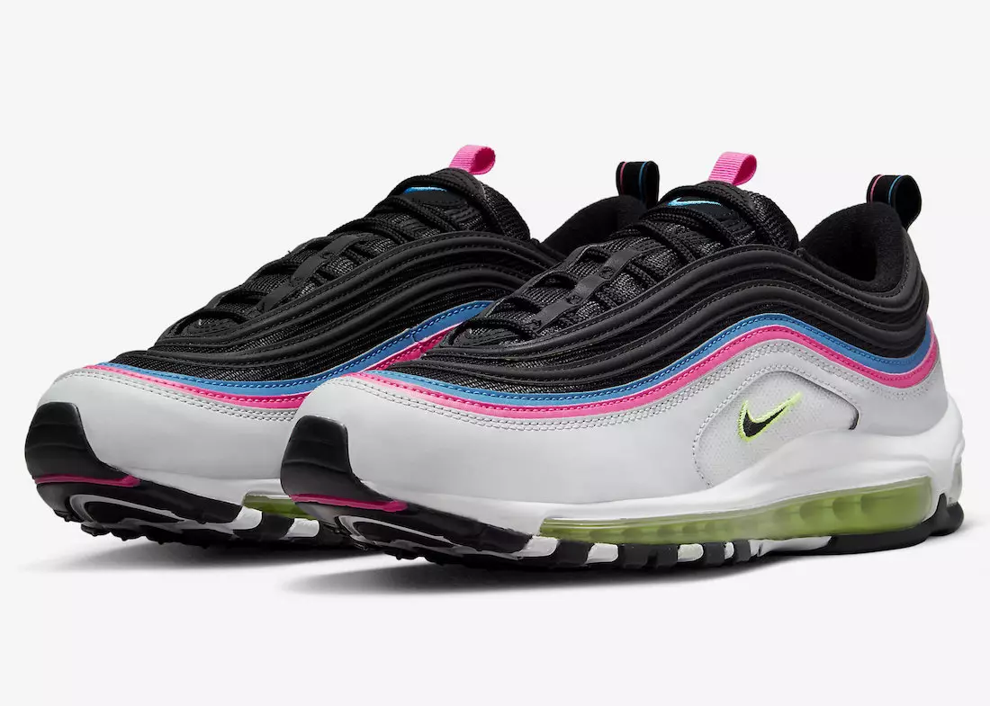 Nike Air Max 97 שוואַרץ ווייַס ראָזעווע בלוי וואָלט DZ4392-001 מעלדונג טאָג