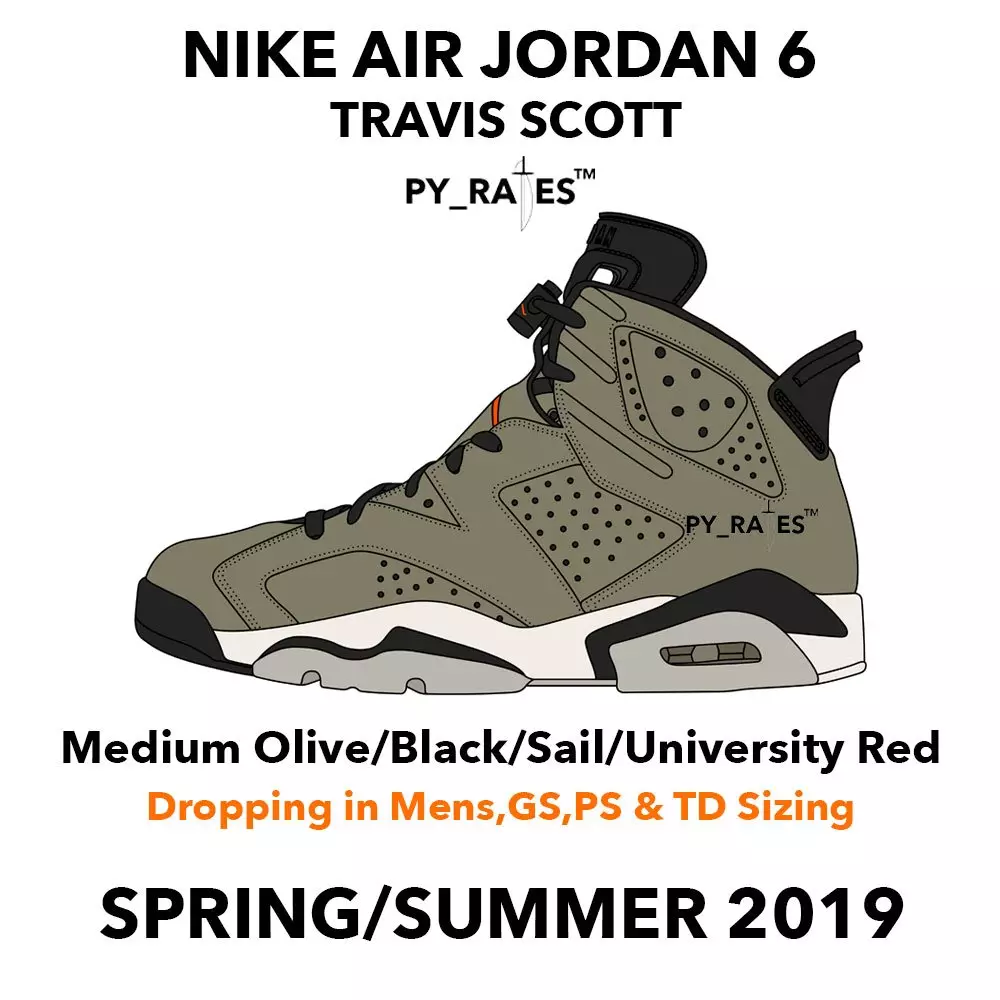 Travis Scott Air Jordan 6 Medium Olive Black Sail University Red Cactus Jack Data di rilascio